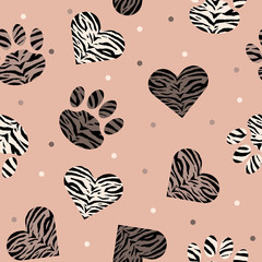 Seamless pattern of animal skin in shape of heart and paw: leopard, tiger and zebra. Trendy animal print. Fashion vector illustration.