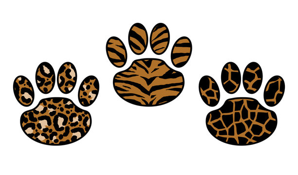 Set of paw print: leopard, tiger and cheetah. Trendy animal print. Fashion vector illustration for print.