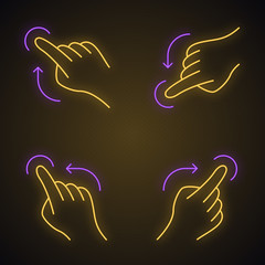 Touchscreen gestures neon light icons set