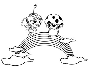 beautiful magic fairy and fungu elf with rainbow scene