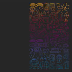 Vector set of learning English language, children's drawing icons in doodle style. Painted, colorful, gradient pictures on a piece of paper on blackboard.