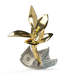 shiny 3d golden plant growing out of dollar notes