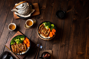 Teriyaki Chicken Rice Soft chicken Full bowl and dipping sauce Teriyaki Popular Japanese menu