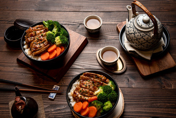 Teriyaki Chicken Rice Soft chicken Full bowl and dipping sauce Teriyaki Popular Japanese menu