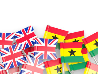Fototapeta premium Pins with flags of UK and ghana isolated on white.