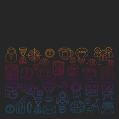 Vector set of bussines icons in doodle style. Colorful, gradient pictures on a piece of paper on dark background.