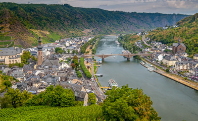 Panoramic view of the city of Cochem and the Moselle valley in Germany. Photo taken July 2018.