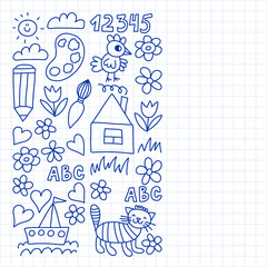 Kindergarten pattern, drawn kids garden elements pattern, doodle drawing, vector illustration, monochrome, black, blue