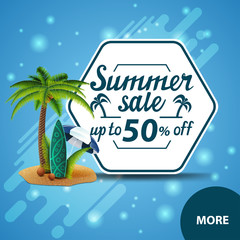 Summer sale, square discount web banner for your website with palm, coconuts, beach umbrella and surf Board