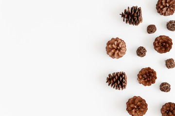 Pine cones on a white table. Flat lay with blank copy space.