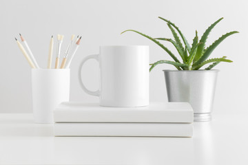 Mug mockup with workspace accessories and a succulent plant on a white table.