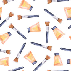 Seamless pattern with makeup brushes and beige creme isolated on white background. Hand drawn watercolor illustration. 