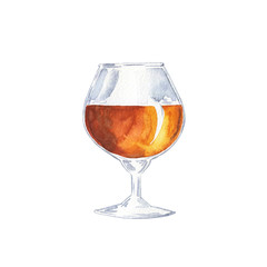 Glass of cognac, scotch or whiskey isolated on white background. Hand drawn watercolor illustration. 