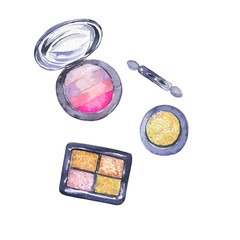 Set of decorative cosmetics and sponge isolated on white background. Hand drawn watercolor illustration.