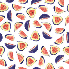 Seamless pattern with fig and fig pieces on white background. Hand drawn watercolor illustration.