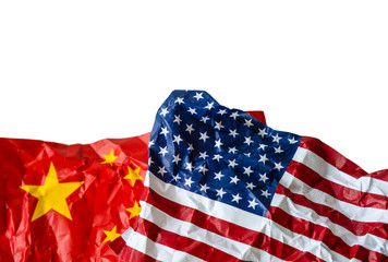 Wrinkle of USA and China flag on sky background. It is symbol of United states of America and China...