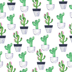 Seamless pattern with green cactus in pots on white background. Hand drawn watercolor illustration.