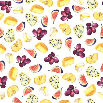 Seamless pattern with red grapes, figs and cheese on white background. Hand drawn watercolor illustration. 