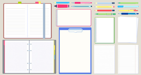 Notebook diary. Open notepad, empty sketchbook with writing pen and drawing pencil vector illustration set