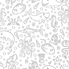 Seamless pattern with sea creatures, funny contour cartoon animals , dark outline on white background