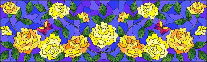 Illustration in stained glass style with flowers, butterflies   and leaves of  yellow rose on the blue background
