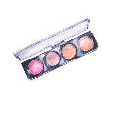 Eye shadow, lip balm or blush pallette isolated on white background. Hand drawn watercolor illustration.
