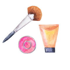 Makeup brush, blush and skin creme isolated on white background. Hand drawn watercolor illustration. 