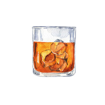 Glass of cognac, scotch or whiskey with ice isolated on white background. Hand drawn watercolor illustration. 