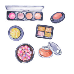 Eye shadows, blush or lip gloss collection isolated on white background. Hand drawn watercolor illustration. 