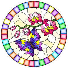 Illustration in stained glass style with a branch of pink Orchid and bright purple butterfly on a yellow background, round image in bright frame