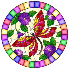 Illustration in stained glass style with a bright purple flowers and pink dragonfly on a yellow background, round image in bright frame