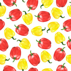 Seamless pattern with red and yellow bell pepper on white background. Hand drawn watercolor illustration. 