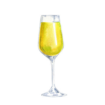 Glass of white wine isolated on white background. Hand drawn watercolor illustration.