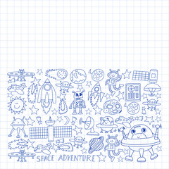 Vector set of space elements icons in doodle style. Painted, drawn with a pen, on a sheet of checkered paper on a white background.