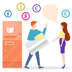 ATM, man with bank card, woman. Personal finance