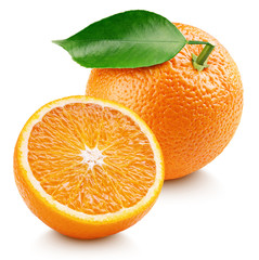 Whole ripe orange citrus fruit with leaf and orange half isolated on white background. Oranges with clipping path. Full depth of field.