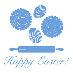 Happy Easter. Cookies, bunny, eggs, rolling pin.