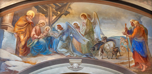 COMO, ITALY - MAY 9, 2015: The fresco of Nativity in church Chiesa di San Andrea Apostolo (Brunate) of by Mario Albertella (1934).