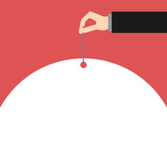 Male hand arm needle punching big half blank balloon geometrical background