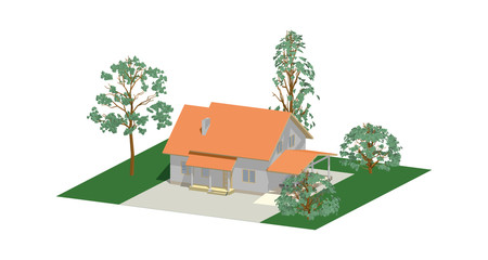3D isometric creative modern suburban house. Vector Illustration. 10 eps.
