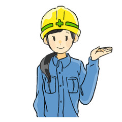青い作業着とヘルメットの女性　案内