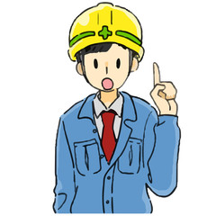 青い作業着とヘルメットの男性　人差し指を立てる