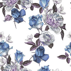Floral seamless pattern with watercolor roses and peonies