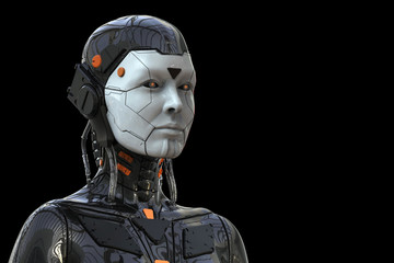 Robot Android Cyborg Woman Humanoid - isolated in black background -realistic 3D rendering	