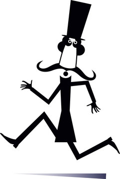 Comic runner mustache man in the top hat isolated illustration. Comic cartoon long mustache man in the top hat is running black on white
