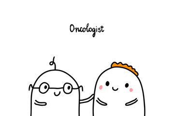 Oncologyst hand drawn vector illustration in cartoon style. Men supporting patient.