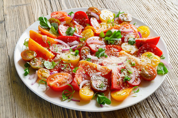 a plate of bright colorful raw tomatoes salad with cress leafs and red onion seasoned with cheese, olive oil, and white wine vinegar
