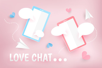 Online dating and social networking. Paper art style with virtual relationships concept .Male and female chatting on the Internet. Creative design in eps10 vector illustration. 