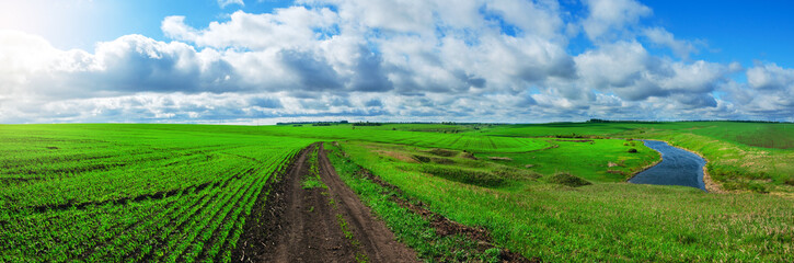 Fototapeta na wymiar Sunny spring landscape with ground country road passing through the green fields and hills.