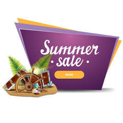 Summer sale, geometric clickable web banner for your business with treasure chest, ship steering wheel, palm leaves, gems and pearls